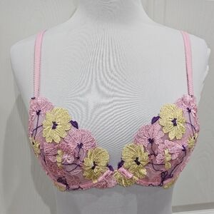 Dolls Kill Playful Promises Luna Pastel Pink Embroidery Picot Plunge Bra S 32B